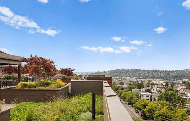 A view from a high vantage point looking down at a cityscape with a clear blue sky above.
