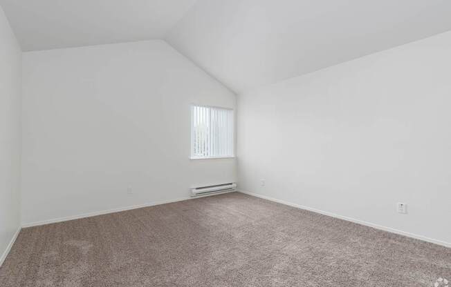 A room with a carpeted floor and a window with blinds.