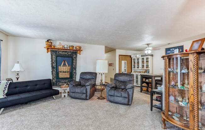 a living room with couches and chairs