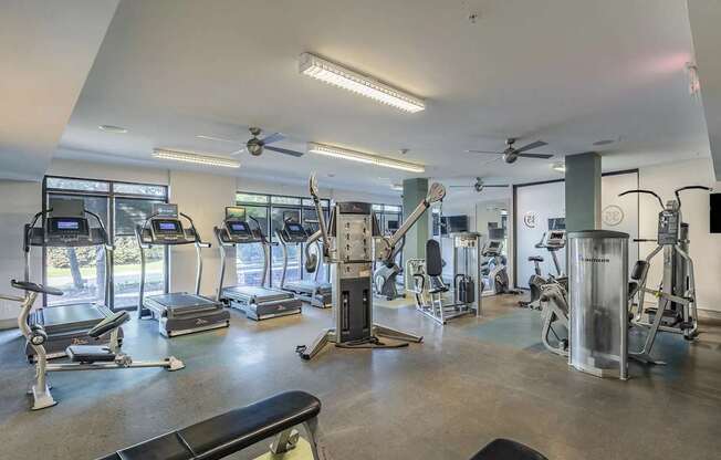 A gym with a variety of equipment including treadmills, weights, and exercise machines.