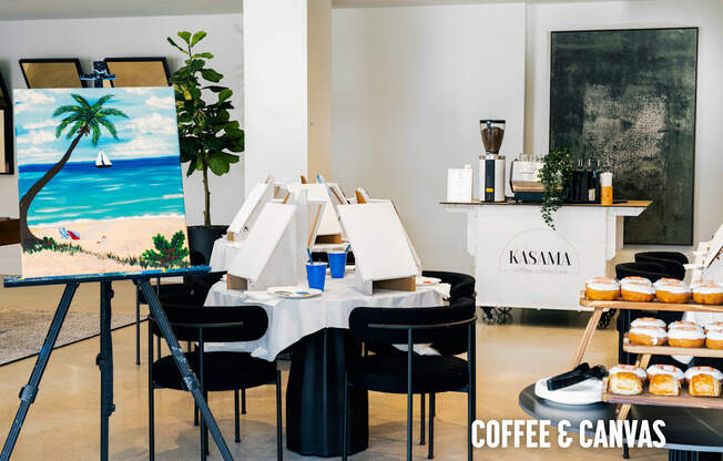 A painting of a beach scene is displayed in a room with a coffee and canvas theme.