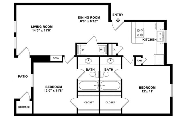 2 beds, 2 baths, 990 sqft, $1,504