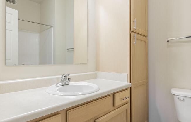 a room with a sink and a mirror