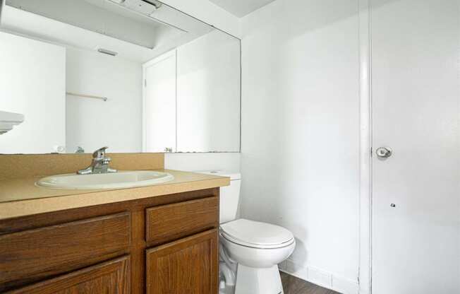 a bathroom with a sink toilet and a mirror