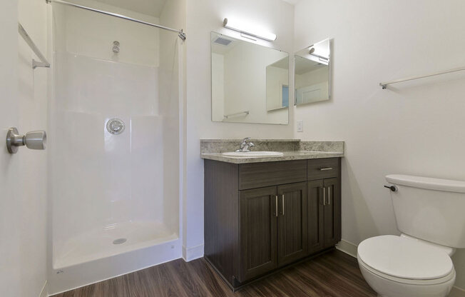 a bathroom with a toilet sink and showerat Chase Creek Apartment Homes, Huntsville