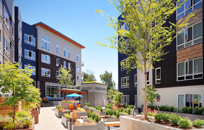 A modern apartment complex with a courtyard garden. at Kirkland Crossing Apartments, Kirkland, WA