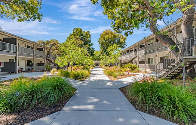 A sunny day at a residential complex with a walkway in the foreground.