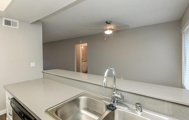 a kitchen with a sink and a mirror