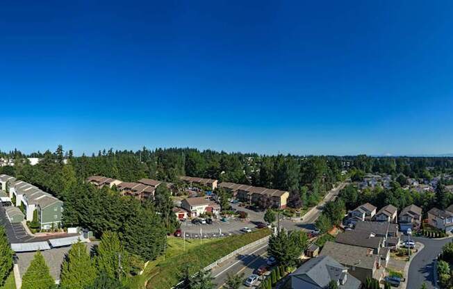A bird's eye view of a residential area with houses and trees.