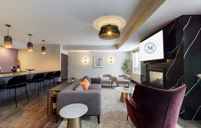 a skylounge room filled with furniture and a fire place