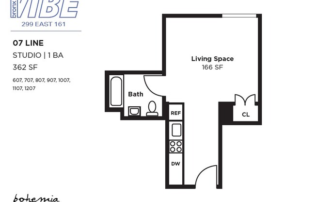 Studio, 1 bath, 362 sqft, $2,200, Unit 1107