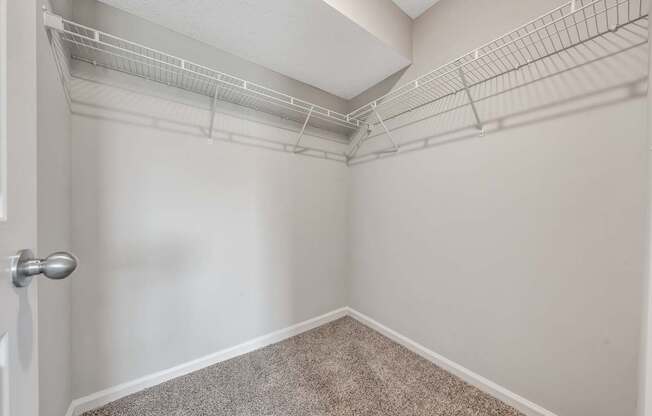 A white door is on the left of a room with a carpeted floor and a wall with a metal shelf.