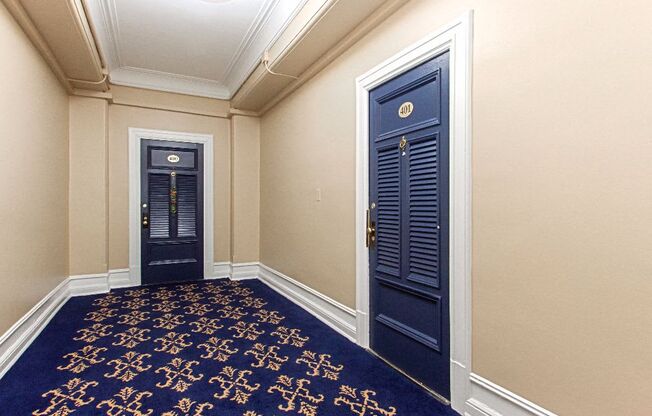 a corridor with two blue doors and a carpeted floor at the calverton apartments in washington dc