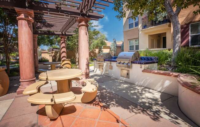 a patio with a barbecue grill and a table and chairs