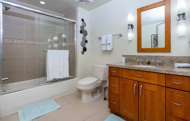 a bathroom with a large vanity and a walk in shower