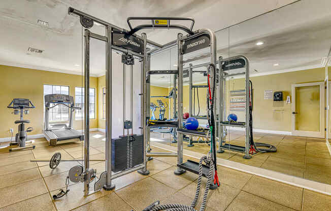 a gym with weights and cardio equipment in a home gym