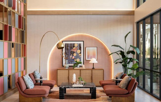 Layered textures, desert-inspired hues, and inviting seating—curated spaces to gather at Modera Rio Salado.