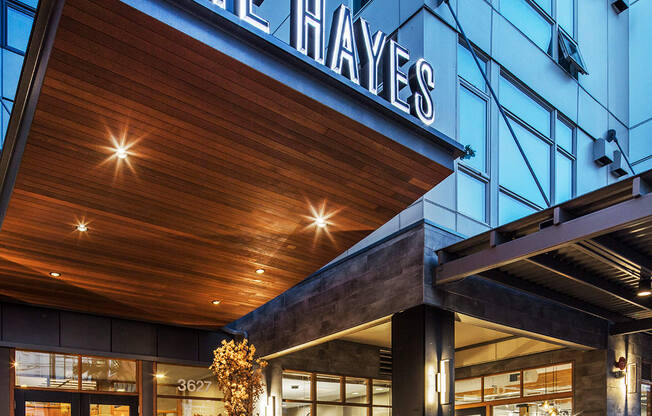 the facade of the hotel at night at The Hayes on Stone Way, Washington, 98103