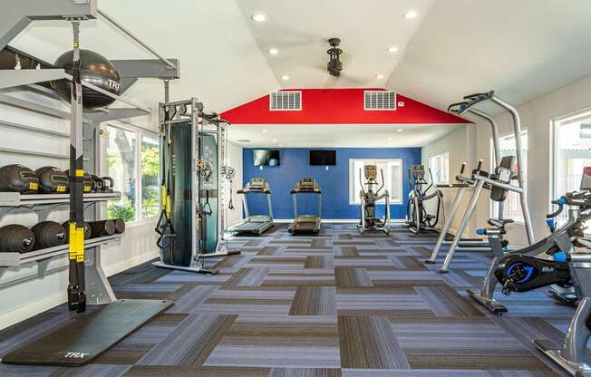 a home gym with weights and cardio equipment and a red roof