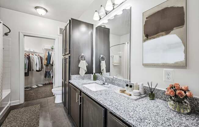 A bathroom with a vanity, sink, and mirror at Aspire Apollo, Camp Springs