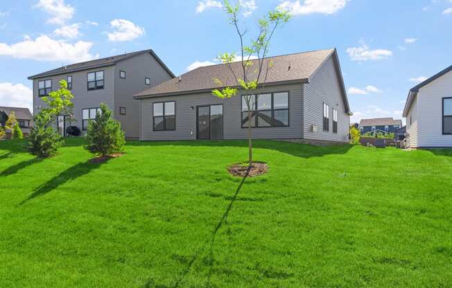 a home with a small tree in the front yard