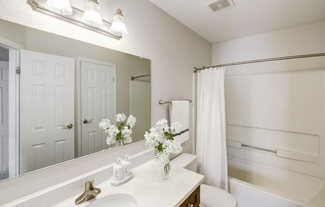 a bathroom with a large mirror and a toilet and a shower