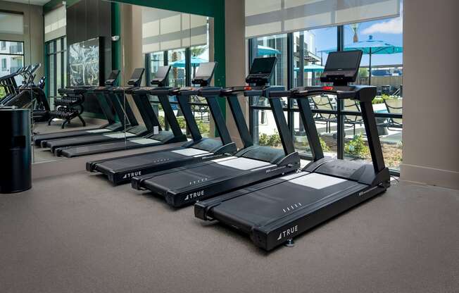 A row of TRUE treadmills are lined up in a gym.