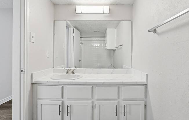 A bathroom with a white sink and cabinets.