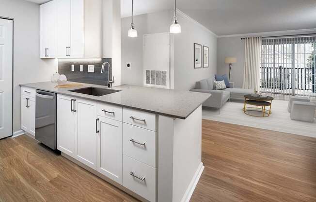 a kitchen and living room in an apartment