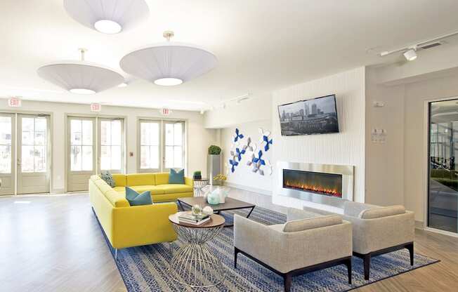 Spacious clubhouse lounge and fireplace