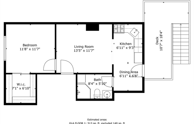 1 bed, 1 bath, 513 sqft, $2,300, Unit 3