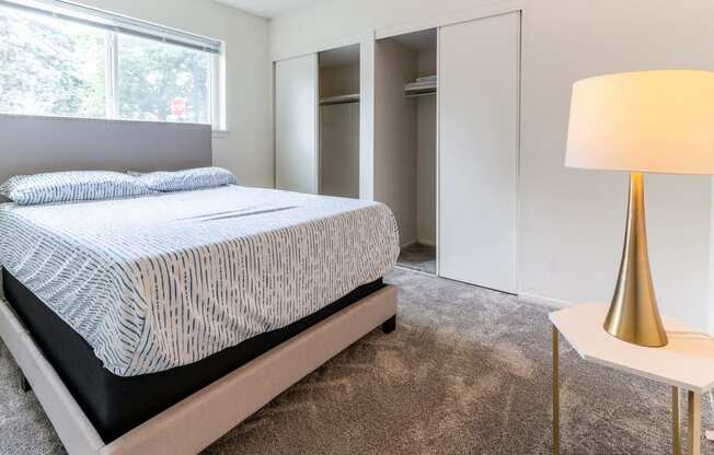 a bedroom with a bed and a closet