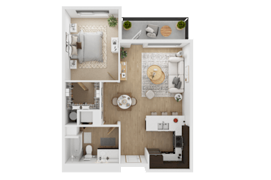 A top-down view of a small apartment layout with a kitchen, living room, and bedroom at Spyglass Hill Apartments, Bremerton, 98337