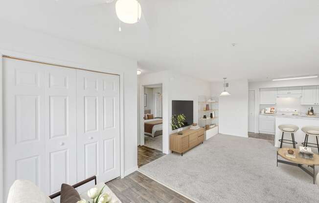 a living room and kitchen in a 555 waverly unit