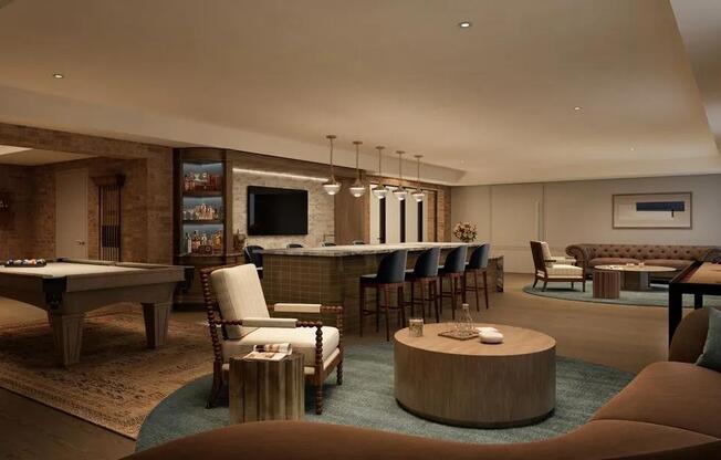 Speakeasy Lounge with billiards, lounge seating, and rich wood and brick accents, creating an intimate setting for conversation and social gatherings.