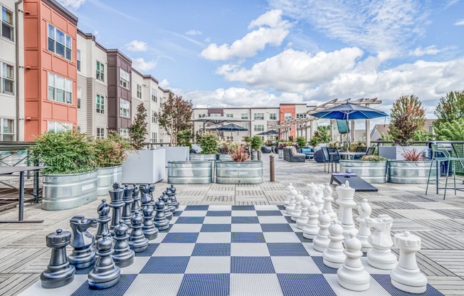 Giant chess board on a patio in front of an apartment complex at Platform 14, Hillsboro, OR