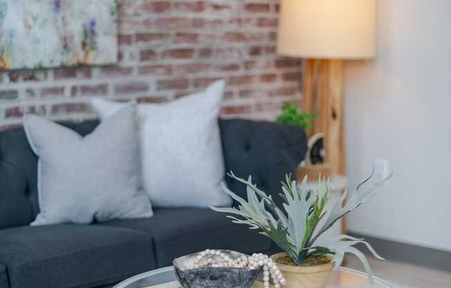 a coffee table with a book and a potted plant on top of it at The 22 Apartments, Missouri, 63103