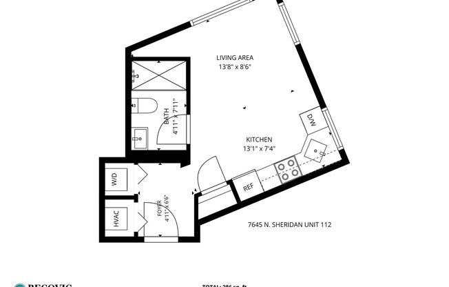 Studio, 1 bath, 286 sqft, $1,550, Unit 112