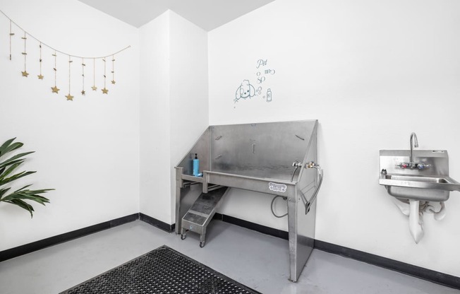 a room with a sink and a metal table