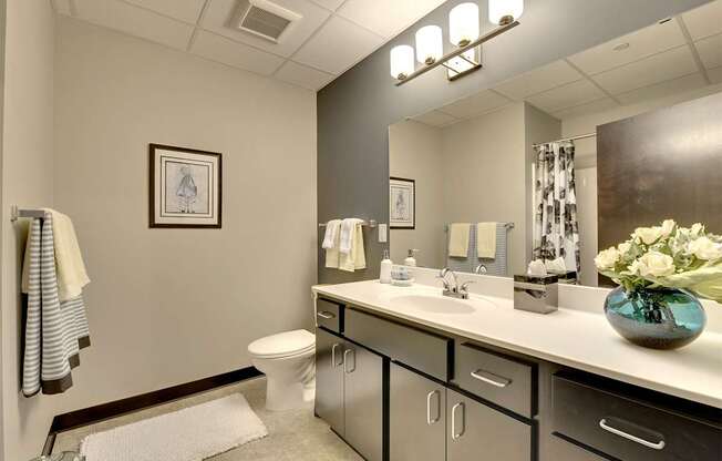 A bathroom with a toilet, sink, and mirror.