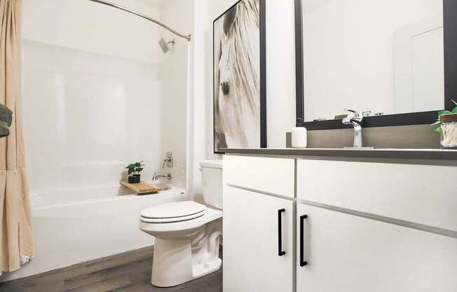 A white toilet sits next to a bathtub in a bathroom.