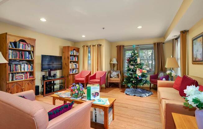 a living room filled with furniture and a christmas tree