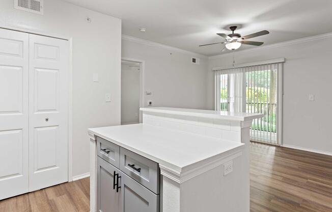 Interior view of a modern apartment featuring a kitchen with a white countertop and gray cabinetry. There is a closed door leading to another room, a ceiling fan overhead, and a sliding glass door with blinds visible in the background, leading to a bright outdoor area. The flooring is light-colored wood laminate.