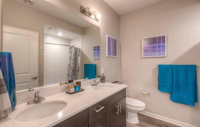 a bathroom with two sinks and a toilet