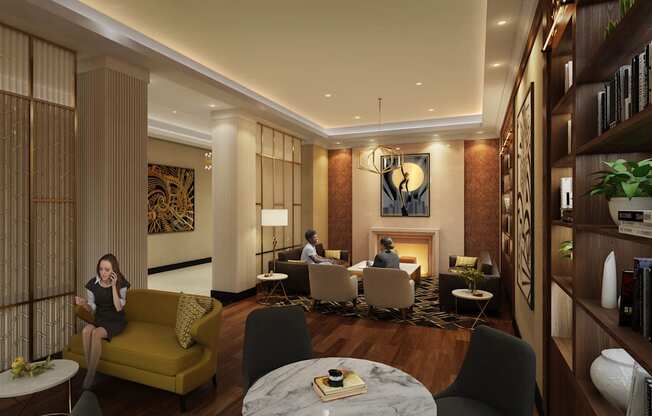 a rendering of the lobby of a hotel with people sitting at tables