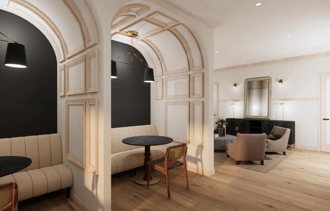 Coworking space at Modera University Park with private work stations and comfortable seating areas.