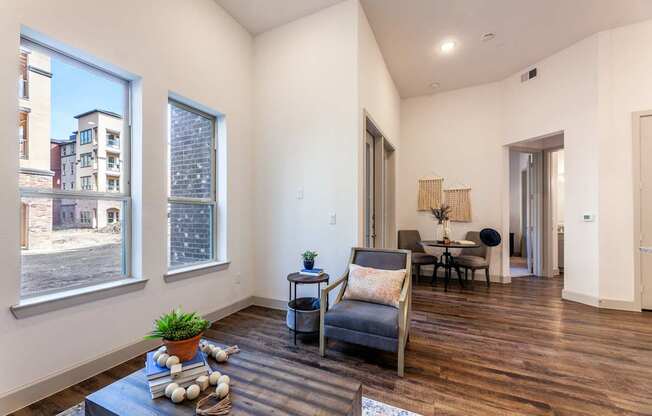 A living room with a grey couch, a coffee table with a plant and some shells on it, and a view of a street through the windows.