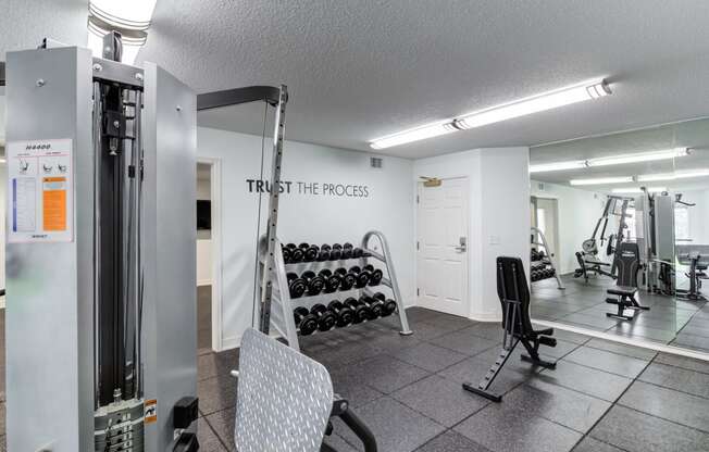 a gym with weights and cardio equipment and a sign that says trust the process