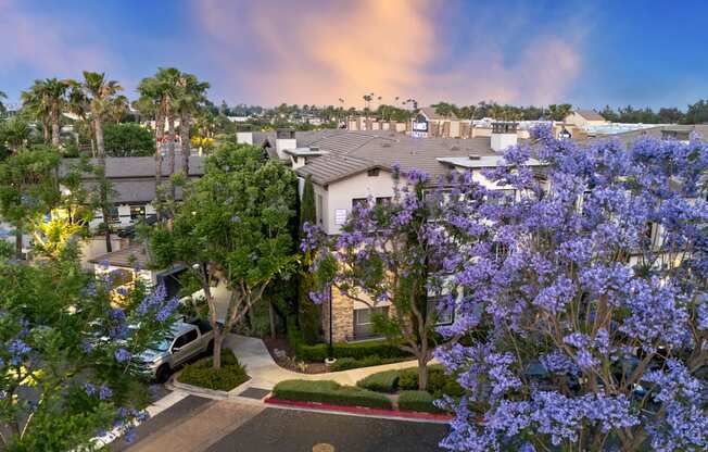 A residential area with houses and trees.