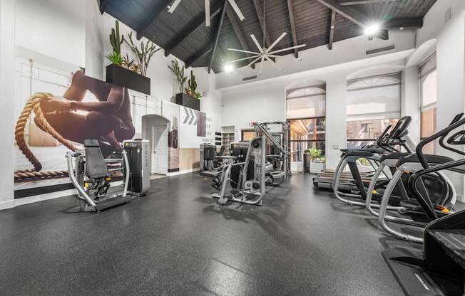 A gym with treadmills, exercise bikes, and other equipment.